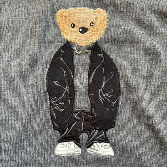 Men’s Gray Sweater With Cute Bear and Silver Chain Irregular SZ - Picture 7 of 8